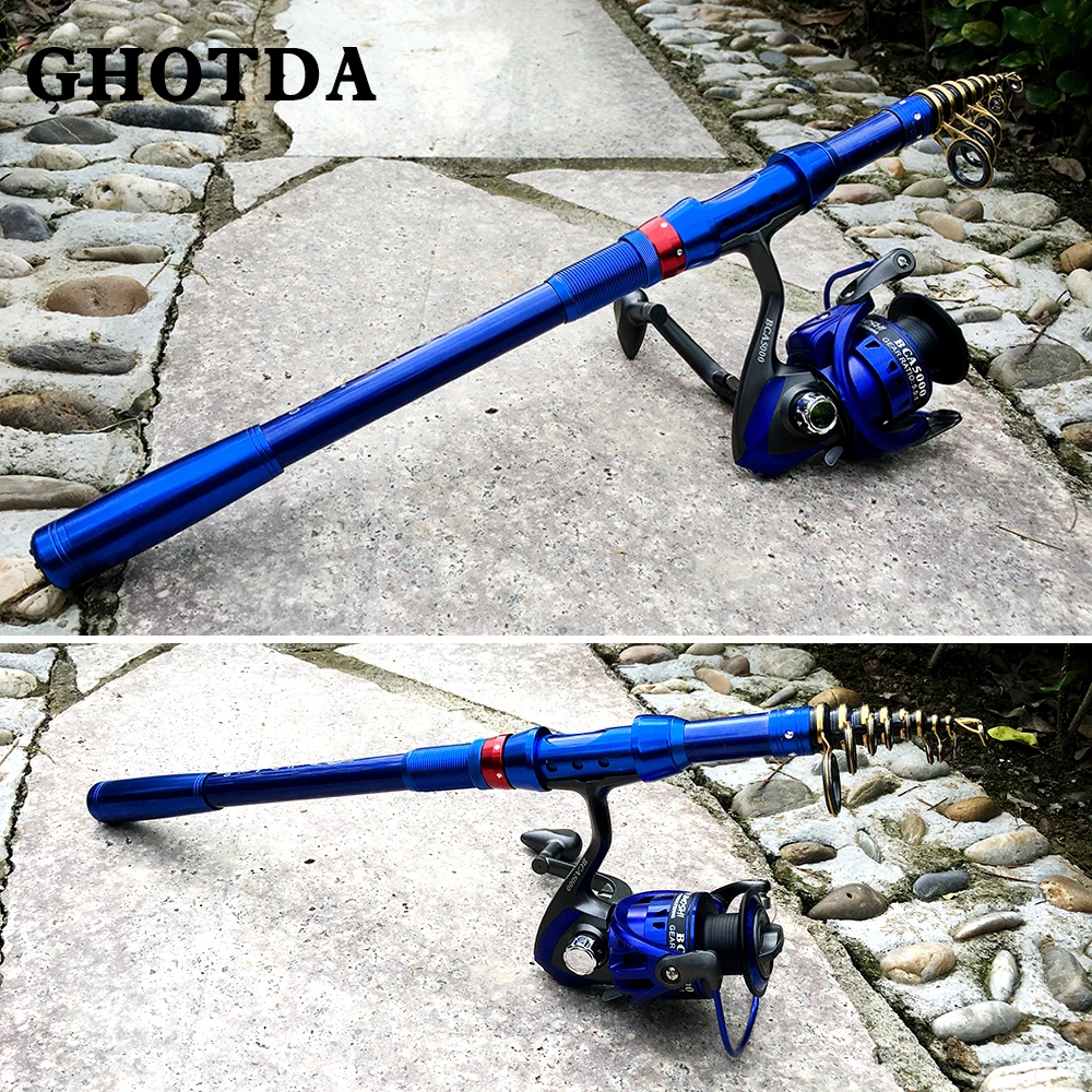 

GHOTDA портативная телескопическая рыболовная удочка для путешествий 1,8-3,6 м и синяя спиннинговая катушка