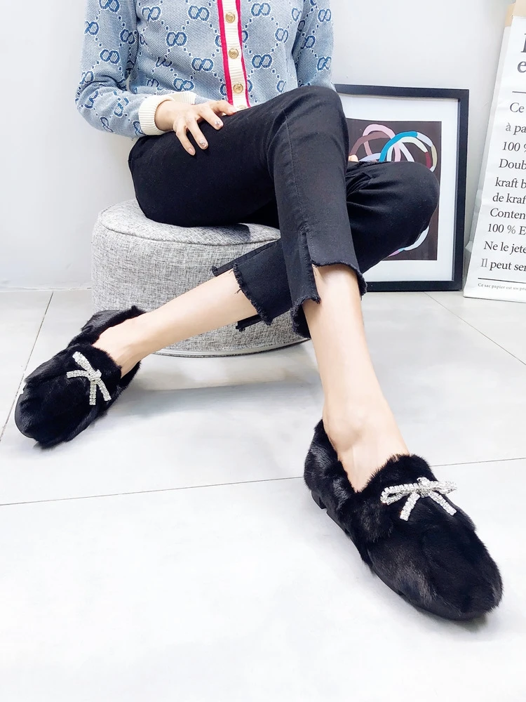 Женская зимняя обувь на плоской подошве с мехом норки; Цвет Черный; повседневные эспадрильи со стразами; женская обувь для вождения; криперы; Chaussure Femmes