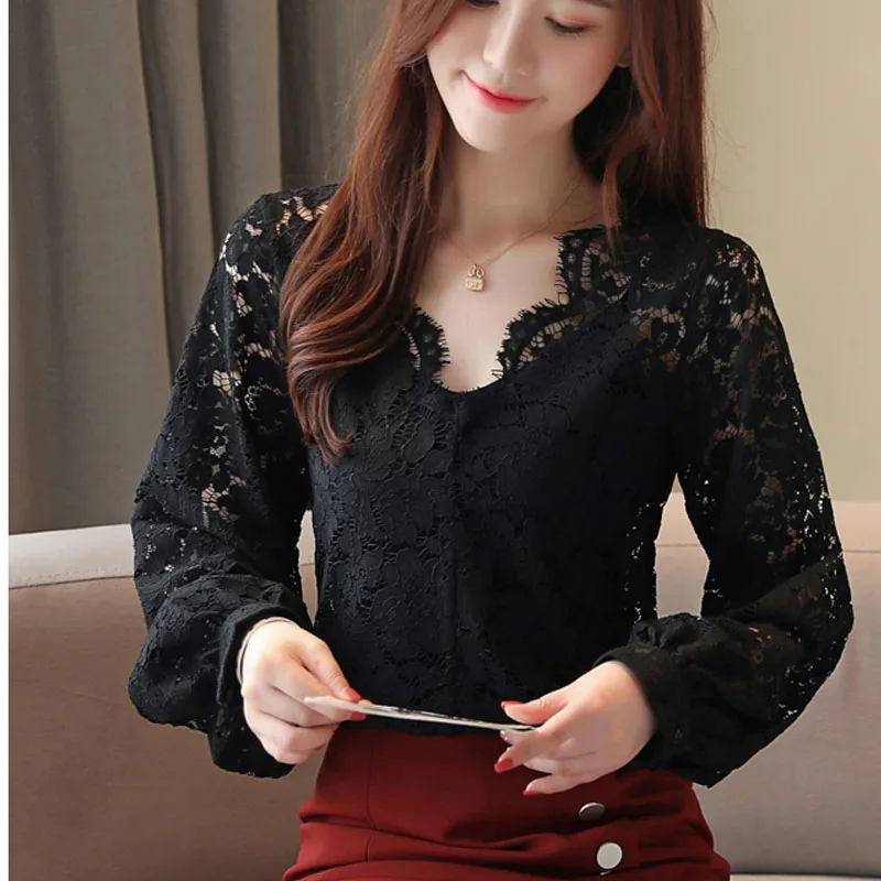 Осенняя блузка для женщин 2019 женские топы с длинным рукавом кружевная однотонная