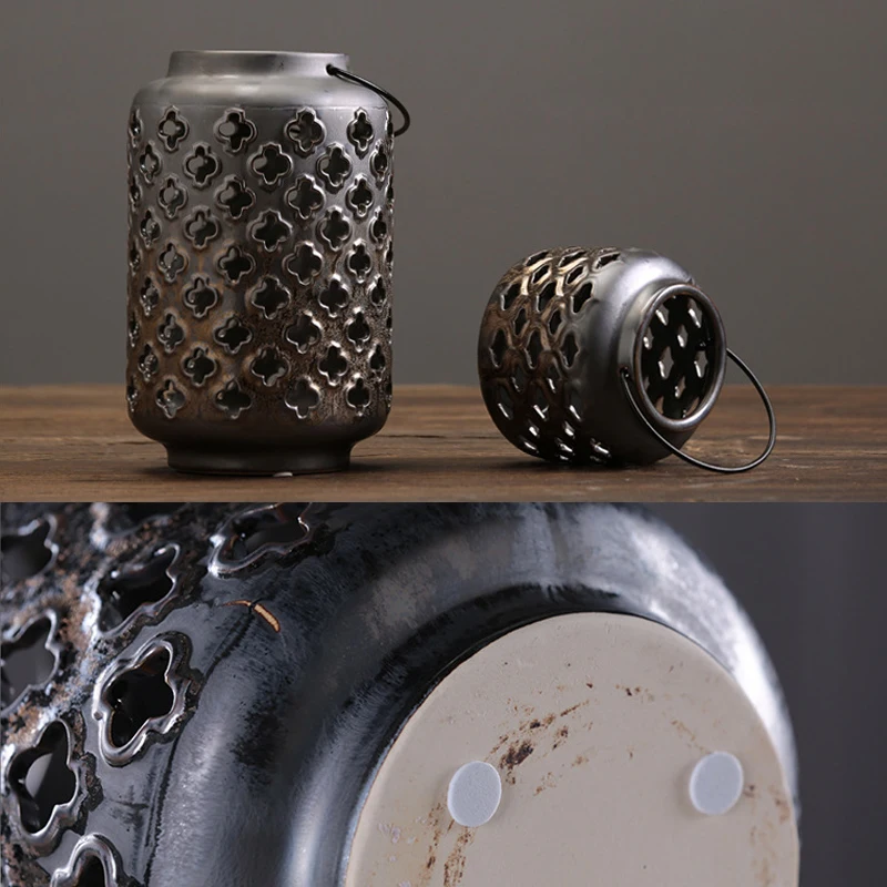 

Creative Ceramic Hollow Black Imitation Wrought Iron Storage Jar Decorative Jar Retro Decorative Crafts Decorative Candle Holder