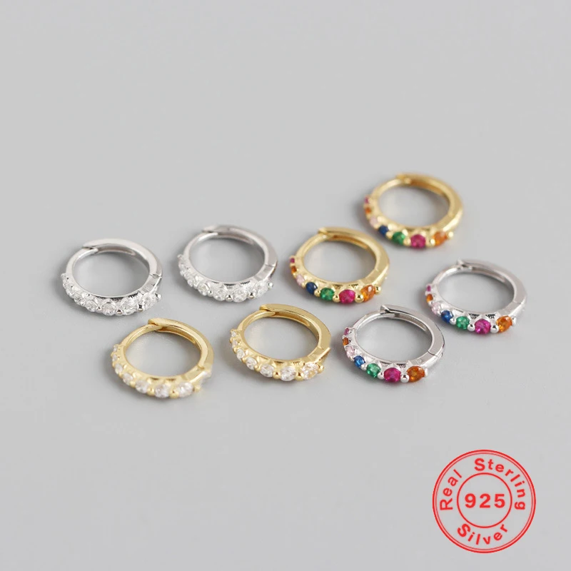 

925 Sterling Silver Small Hoop Earrings Women White/Rainbow Zircon Minimalist INS Row of Drills Round Circle Earrings Wholesale