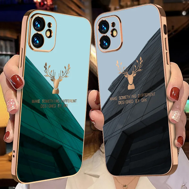 

Fashion Luxury Electroplating Shockproof Silicone Soft Square Frame Plating Deer Cover For iPhone 12 11 Pro Max Mini Phone Case