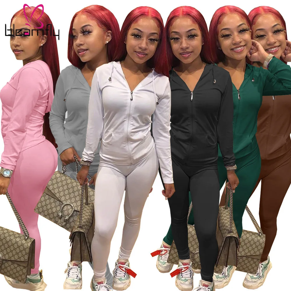 

Women 2 Piece Set Jogging Suit Autumn Two Piece Set Long Sleeve Hooded Zipper Pockets Fitness Legging Active Stretchy Outfits