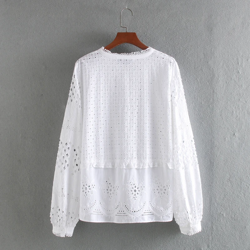 Chic Women White Shirt Blouse Summer 2020 New Fashion Long Sleeve Embroidery Hollow Out Female Loose Shirts | Женская одежда