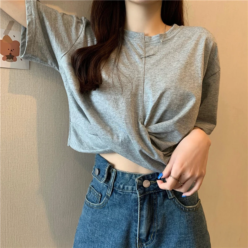 

YTX1347 2021 new summer design sense niche cross loose Korean irregular short-sleeved T-shirt women