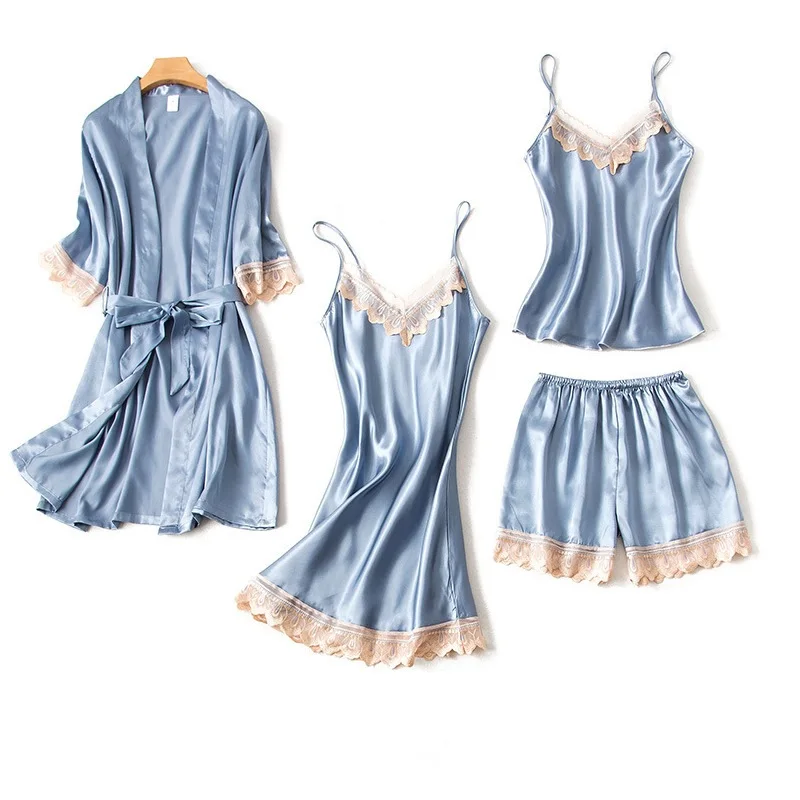 

Elegant Sexy Satin Silk Lace Solid Nightgown 4-piece Bathrobe Set Women's Nightgown 4pcs Set Bathrobe Robe Gown Set Wholesale
