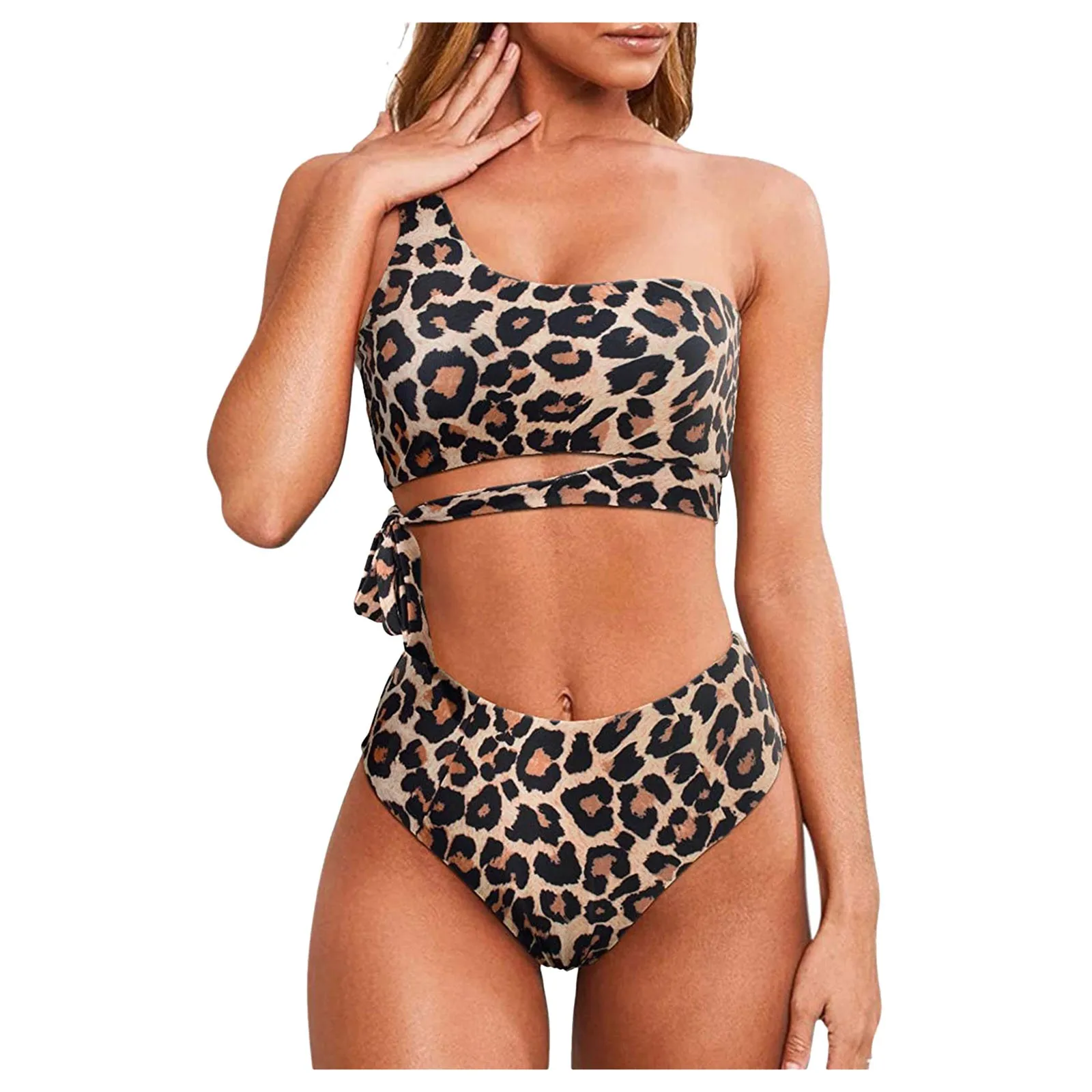 

Женский купальник с леопардовым принтом, пикантный комплект бикини на одно плечо, пуш-ап, купальная одежда с высокой талией, пляжный купальн...