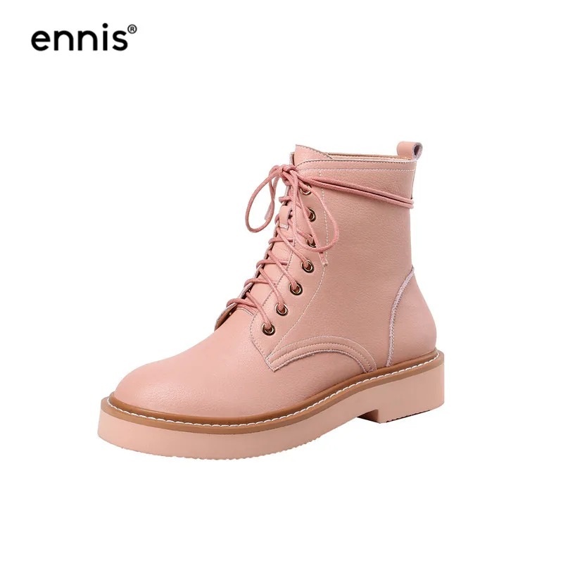 Pink ENNIS/брендовые Модные Ботинки martin на шнуровке женские ботинки из натуральной кожи ботильоны на платформе осенне-зимняя обувь с круглым носком A9277 - Цвет: Pink