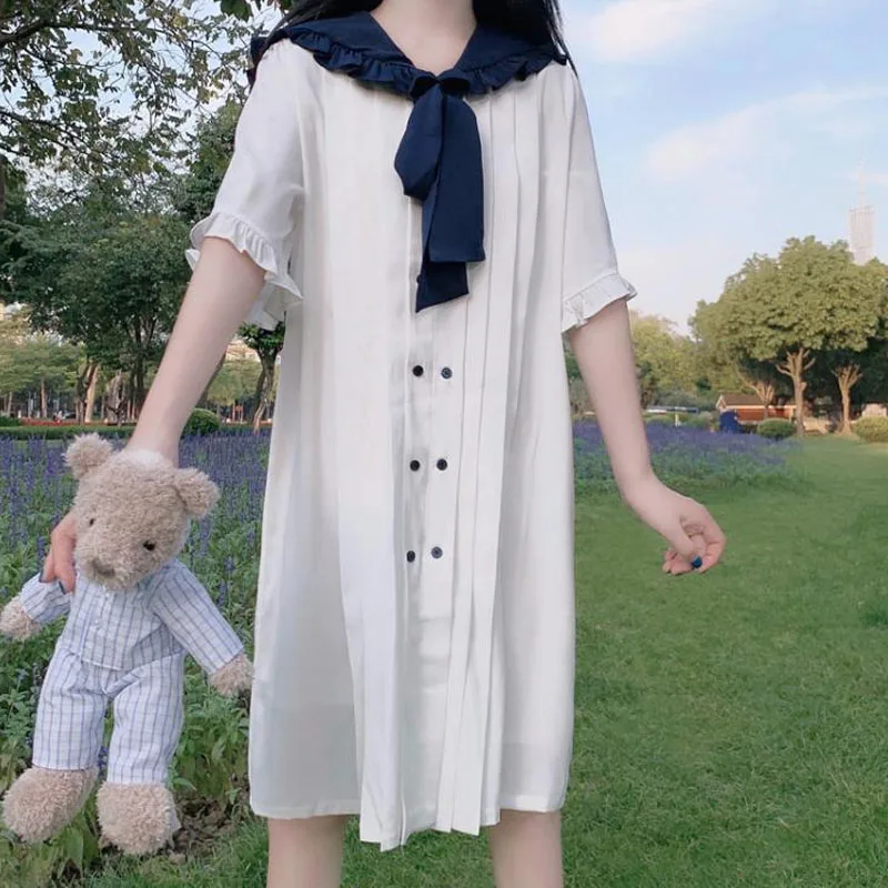 

2020 Summer Sweet Vintage Sailor Collar Petal Sleeve Cute Mori Girl Female Vestidos Japanese Lolita Style Kawii Women Dresses