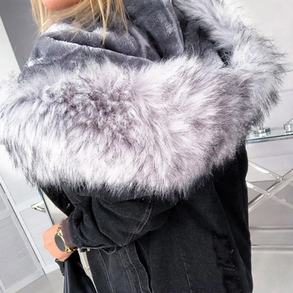Женское теплое мягкое меховое пальто джинсовая куртка зимнее плюшевое