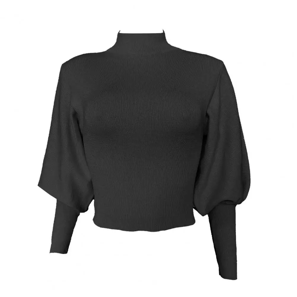 

Autumn Women Solid Color Sweater Turtle Neck Long Puff Sleeve Knitted Pullover