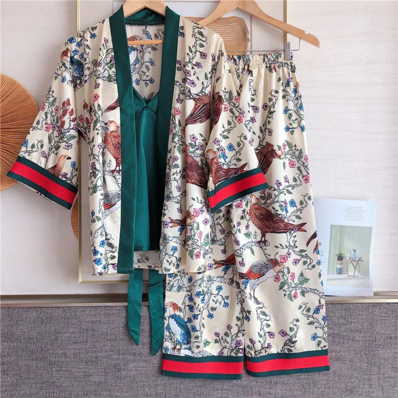 

3Pcs Set Japanese Kimono Cardigan Pajamas for Women Trousers Suits Obi Belt Satin Sleepwear Girl Floral Print Homewear 2021 New