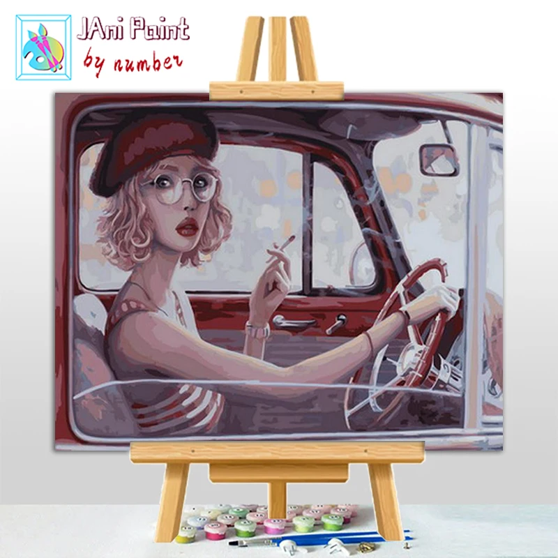 

JANI DIY Краска по номерам для взрослых, холст для детей и взрослых, краска для работы с 3 кистями, акриловая краска s ~ вождение, мультяшная девуш...