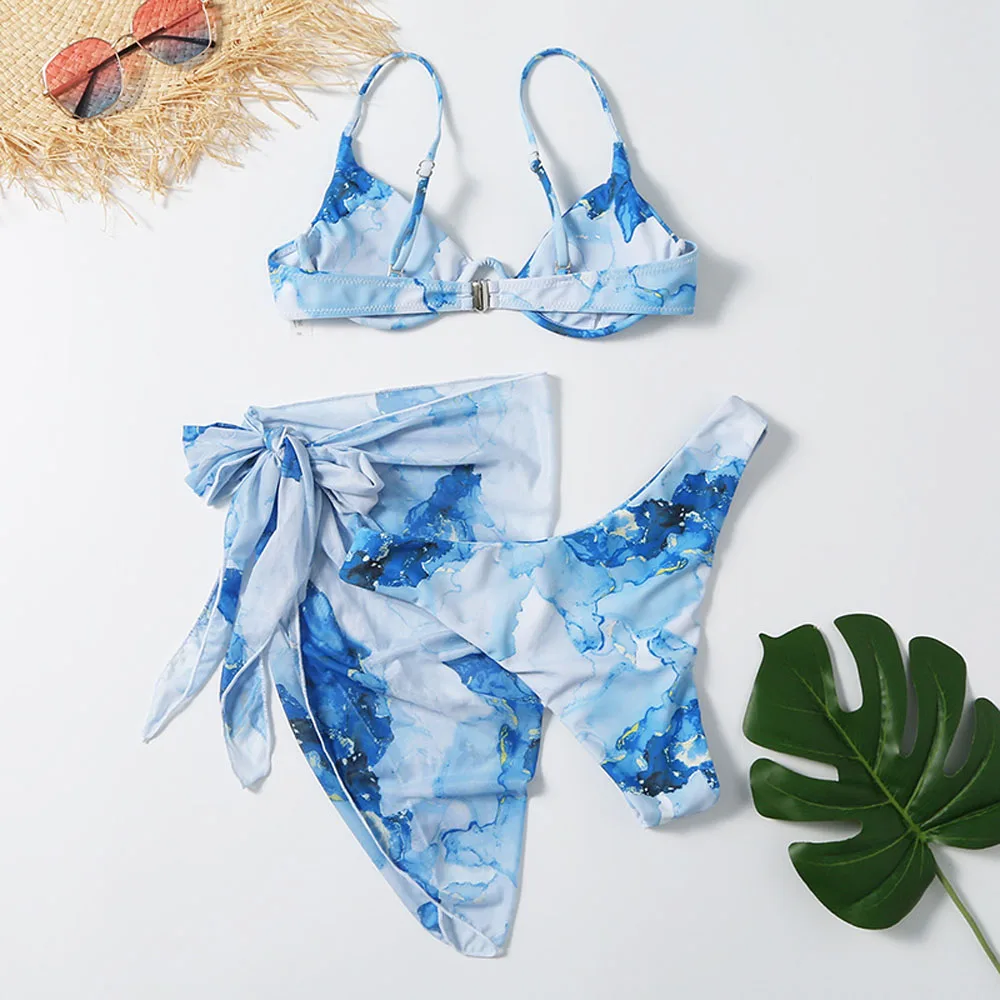 

Women Three-pieces Bikini set With Bra Cup Bather Bathing Suit Sexy Marble Sarong Bikini Push Up Swimsuit Female Swimwear