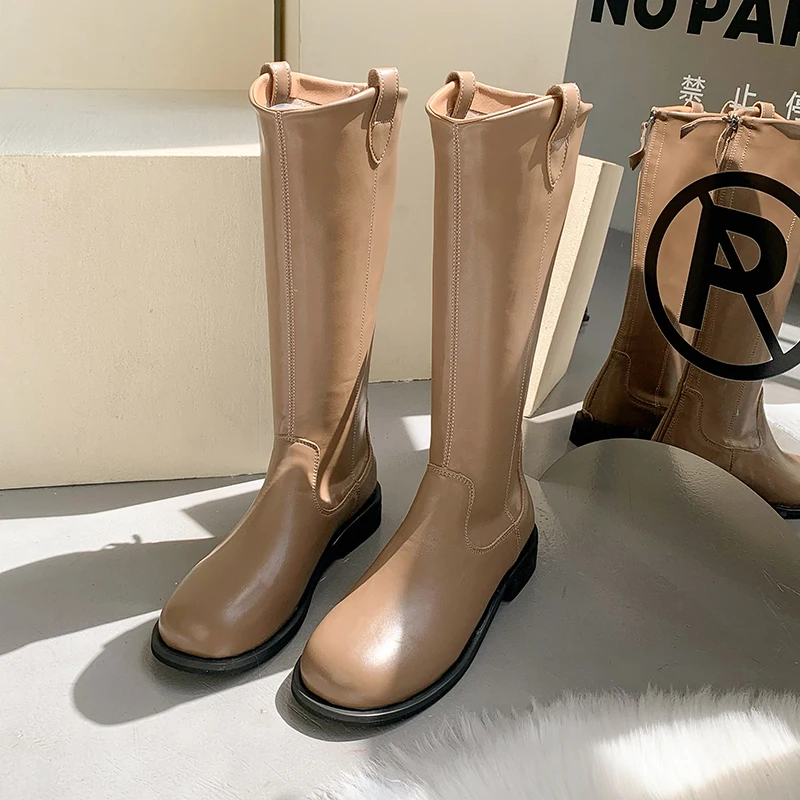 

Women Zip Leather Knee High Boots 2021 Women Black Long Knight Boots Female Combat Boots Women Low Heels Shoes