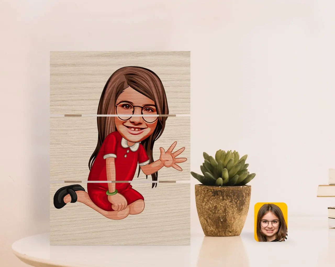 

Personalized Female Child Caricature Of Authentic Desktop Wood Pallet Çerçeve-2