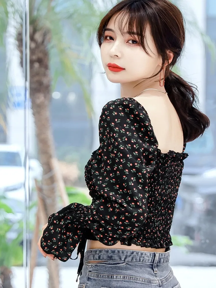 

French spring new style puff sleeve V drawstring shirt with waist and thin high waist crop top women