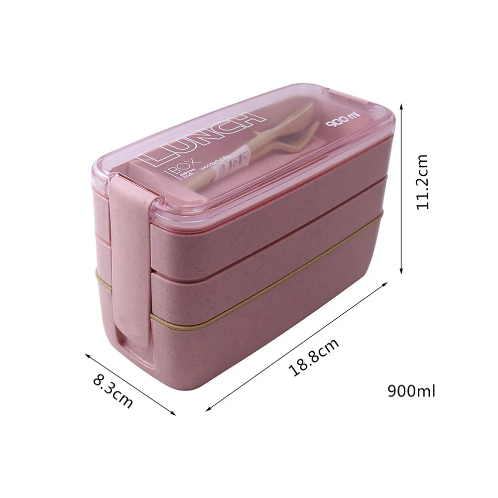 

3-Layer wheat straw Bento Box Two grid Lunch Box With Spoon Fork Eco-Friendly Leakproof microwave Food Container 900ml
