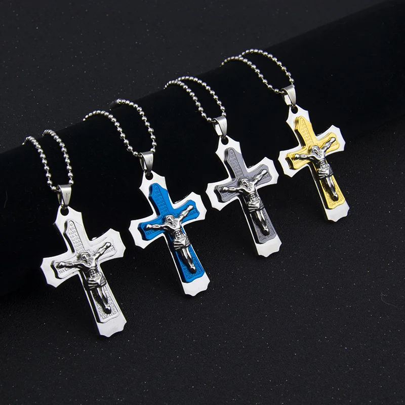 

European and American Fashion Multilayer Cross Necklace Dripping Oil Domineering Jesus Cross Necklace Men's Charm Faith Necklace
