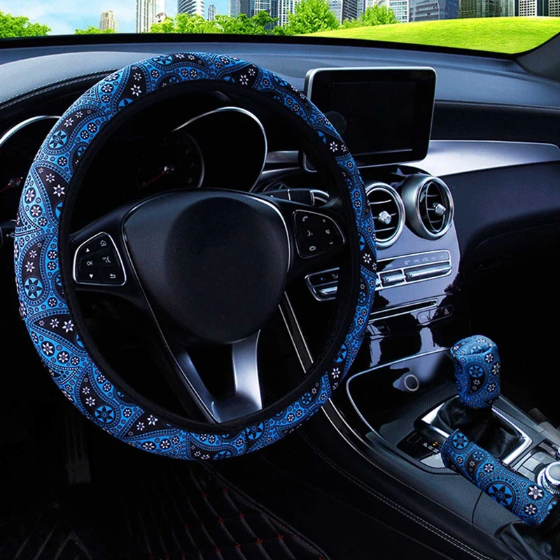 

Bohemia Style Car Steering Wheel Cover Floral Print Shift Gear Knob Protective Case Handbrake Cover Set Auto Interior Decoration