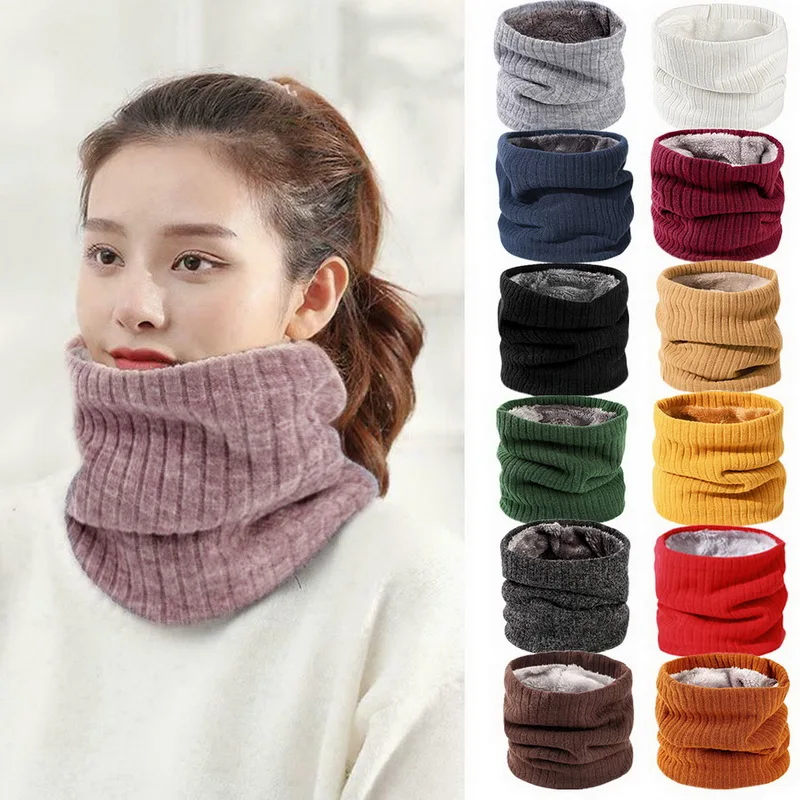 

Unisex Knitted Warm Scarf Winter Autumn Ring Women Bandana Solid Scarf Fleece Men Neck Scarf Shawl