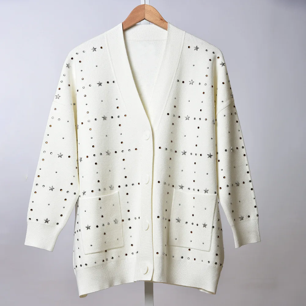 

Woman White Cardigan Star Willow Stud V-neck Long Sleeve Pocket Loose Casual Knitted Sweater Women