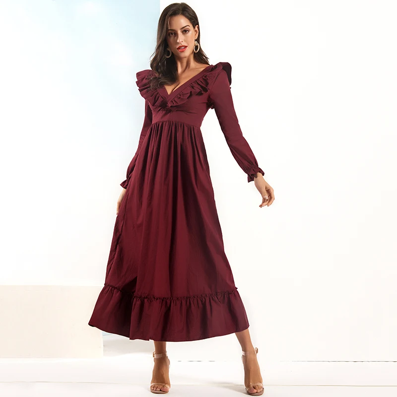 Женское банкетное платье бордового цвета с v образным вырезом и длинным рукавом