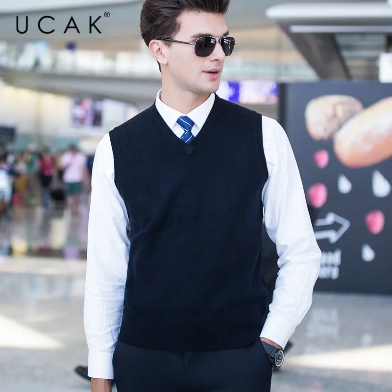 Женский шерстяной свитер UCAK однотонный Повседневный жилет из мериноса с v