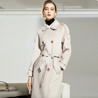 double sided cashmere warm coat hand stitched high end wave woolen long temperament waist double breasted female jacket