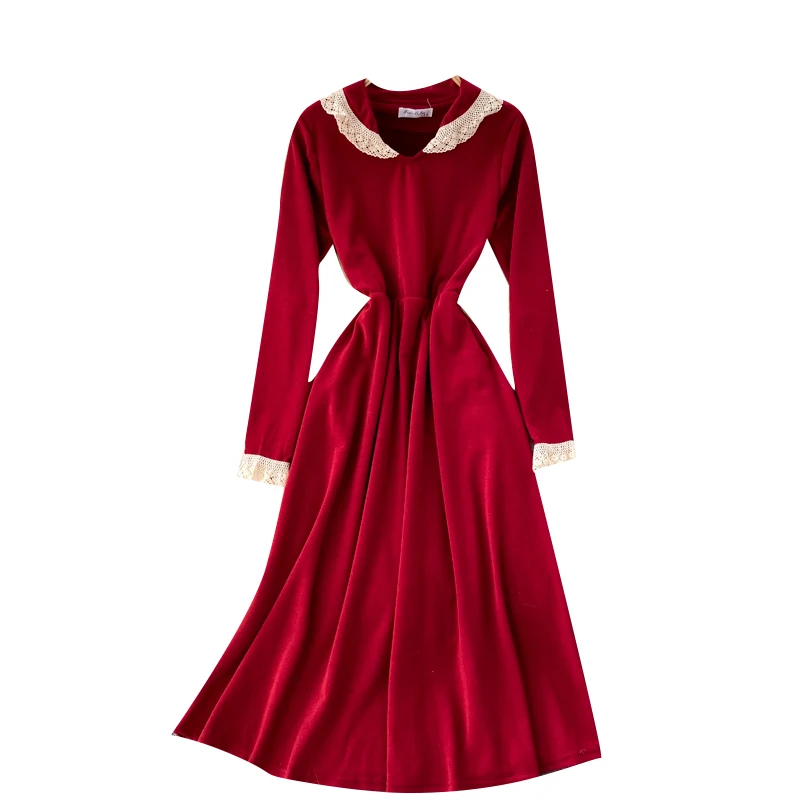 

Lady New Fashion A-line Dress 2020 Women Autumn Winter Sweet Lace Side Long Sleeve Solid Color Casual Vestidos Clothes J96