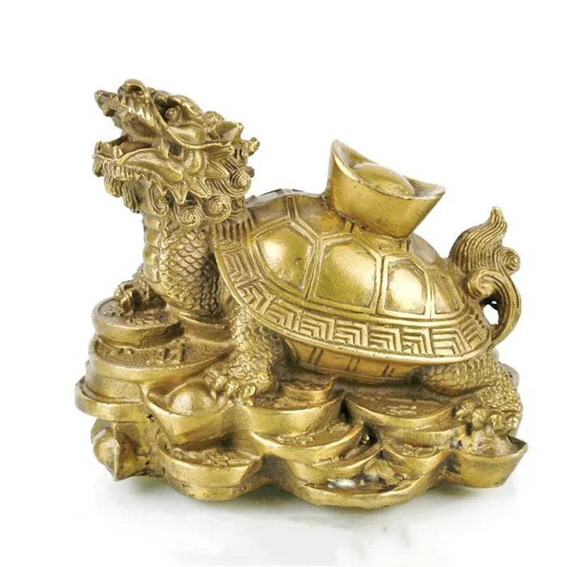 

Chinese FengShui Brass Wealth Longevity Dragon Turtle On Coin YuanBao Statue Set metal handicraft