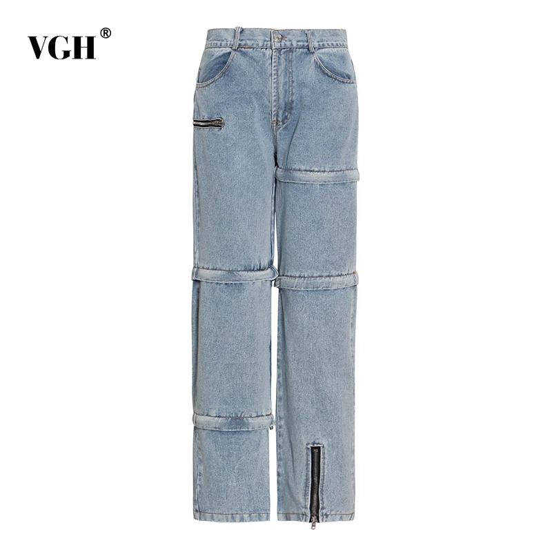 

Женские джинсовые брюки на молнии VGH, синие свободные брюки с вырезами и широкими штанинами в стиле пэчворк, Длинная женская одежда для осен...