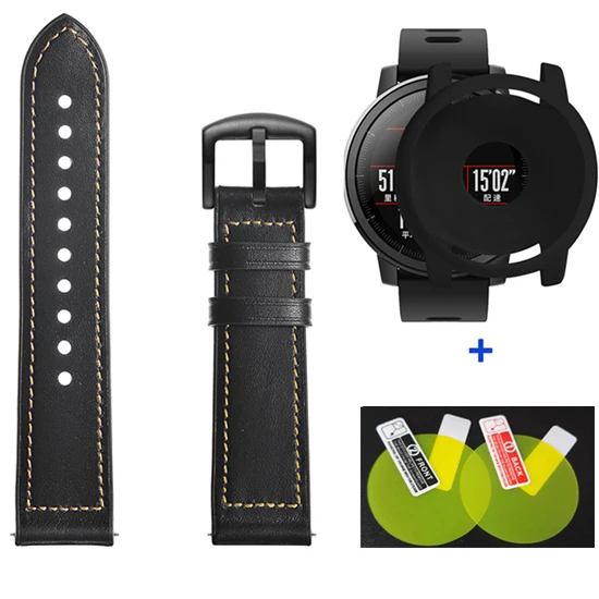 Кожаный силиконовый ремешок для Xiaomi Huami Amazfit Stratos 2, умный ремешок для часов, чехол, защитная крышка, 3 в 1 - Цвет: Black