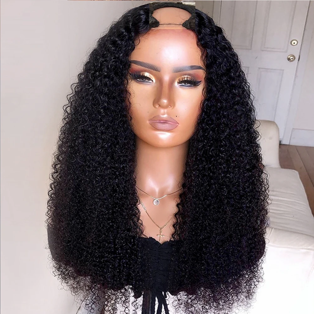 Long Black Afro Kinky Curly Wig U Part Wig Human Hair Wigs Brazilian Remy 180 Density Glueless Human Hair Wig For Women 4c Curly