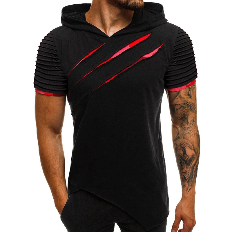 

2021 New Summer Fashion Men's Splice T-Shirt Hooded Streetwear O-neck Casual Slim Hole Fitness Camouflage Short Sleeve Tops G037