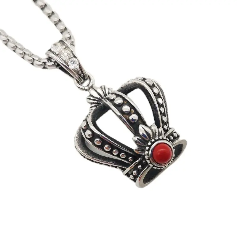 

Antique Silver Color Stainless Steel Red Stone Crown Pendant Necklace Mens Hip Hop Rock Kings Crown Fashion Jewelry Necklace