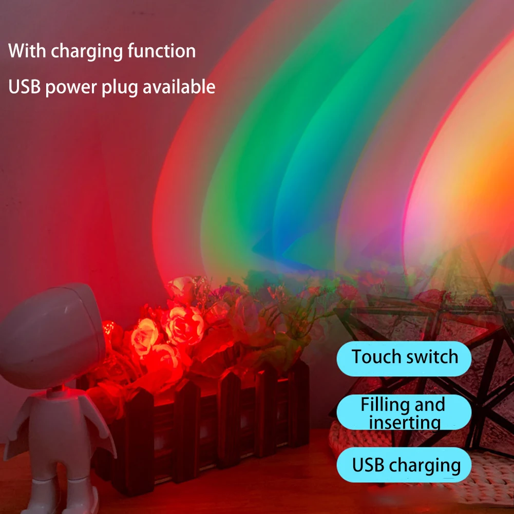 

Светодиодная лампа-проектор с роботом и закатом, ночники для радуги, астронавта, романтическая атмосфера с зарядкой от USB, домашние украшени...