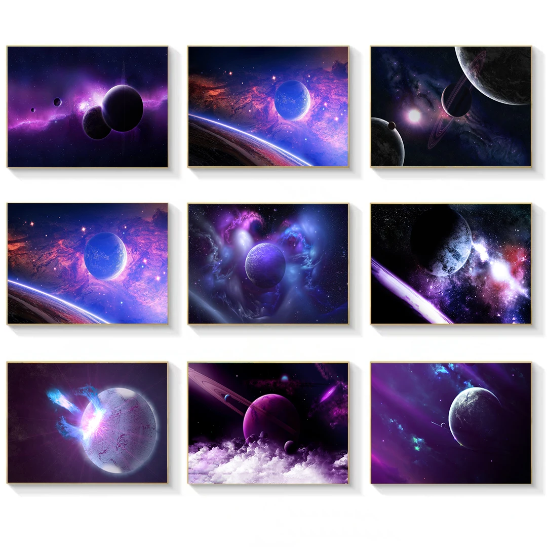 

Universe Galaxy Planet Landscape Print Poster Canvas Poster Purple Star Fan Magic Nebula Home Decor Purple Picture Art Painting
