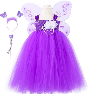 Сказочная балетная пачка для девочек с цветами, платье из тюля, детское девичье платье для дня рождения, бальное платье с крыльями, Детский костюм феи на Хэллоуин