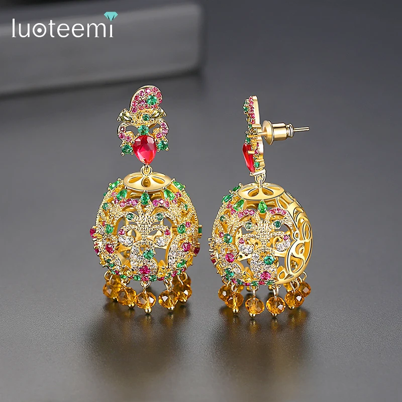 

LUOTEEMI Exquisite Gold Color Indian Design Big Dangle Drop Earrings for Women Wedding Colorful CZ Fashion Jewelry Brincos Gift