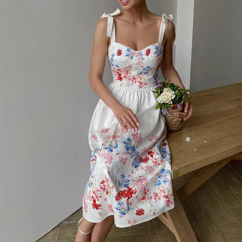 

Spaghetti Strap Floral Print Women's Midi Dress Elegant Lace Up Sleeveless Dresses For Woman 2021 Summer Fashion Party Vestidos