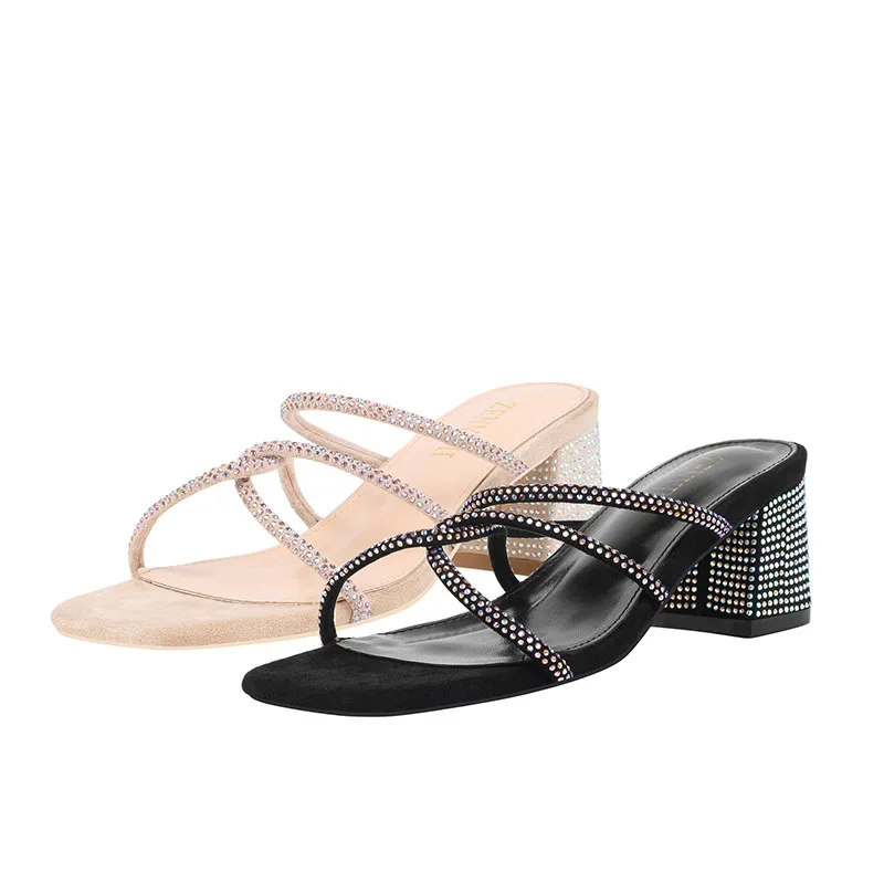 

Spring and summer 2020 new rhinestone square head thick heel high heel female slippers ladies sandals single shoes