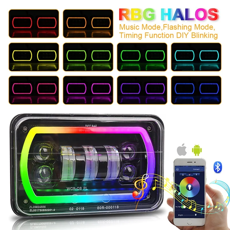 

Bluetooth Control Car Square Light With RGB Halo Truck 4x6 Inch Rectangle Headlight For Off Road Headlamp
