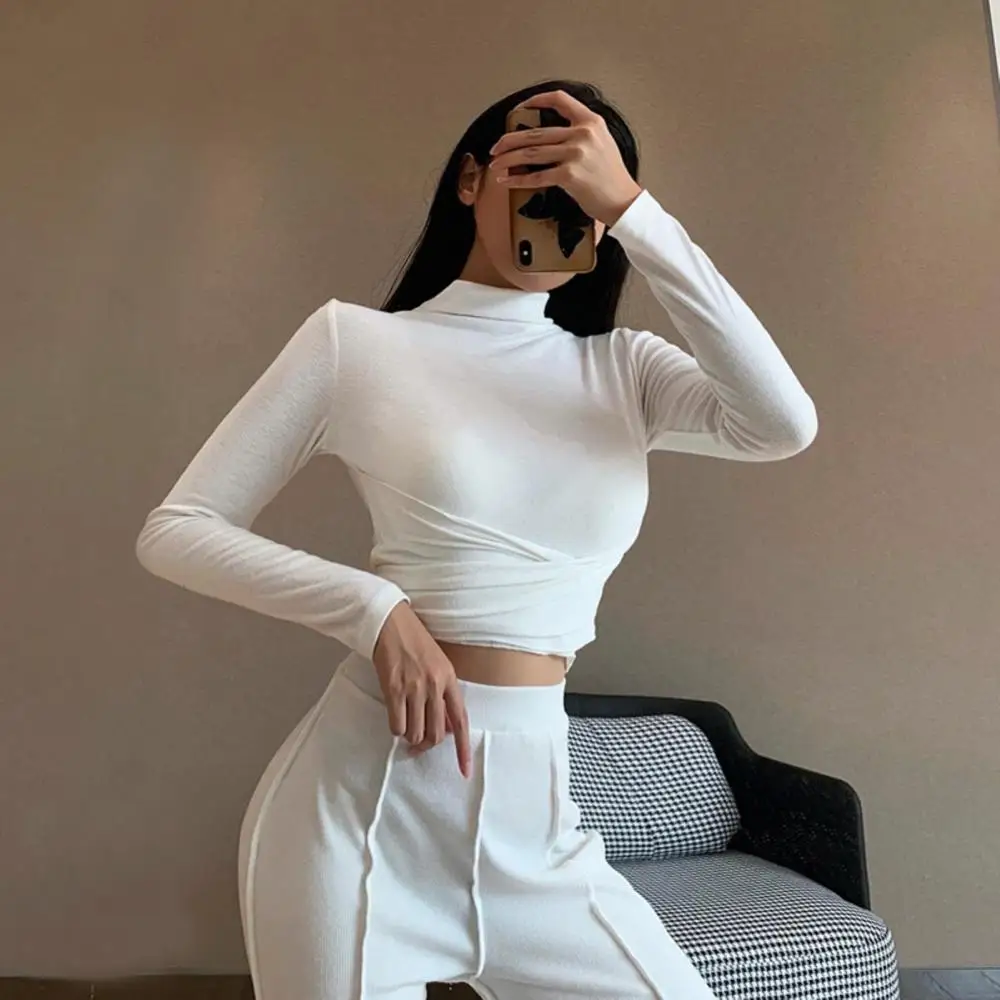 

Women Sexy Long Sleeve Blouse Solid Color Turtleneck Slim Back Bowknot T-shirt