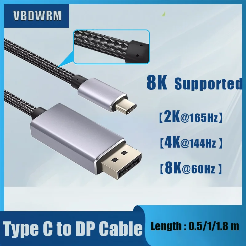 

8K USB-C to Displayport Cable Thunderbolt 3/USB Type C to DP 1.4 Video Adapter Cord 8K@60Hz 4K@144Hz for MacBook Pro Dell