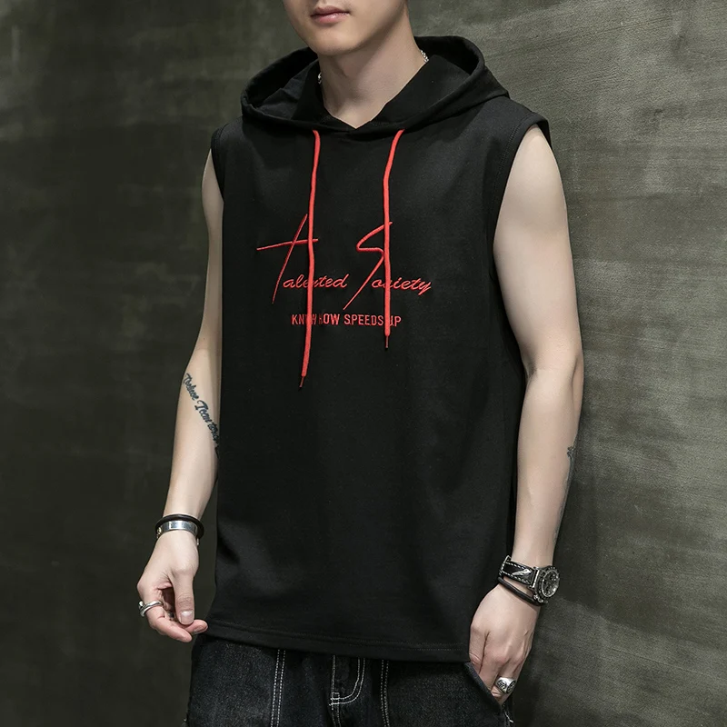 

2021New Men Bodybuilding Cotton Tank Tops Gyms Fitness Hooded Vest Sleeveless Shirt Summer Casual Sportwear Workout Clothing