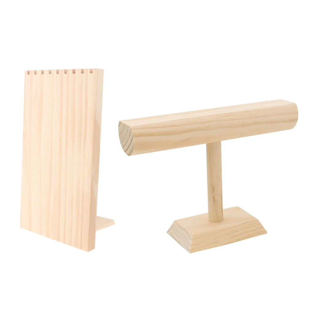 

2 Pieces Natural Wood Jewelry Display Organizer Rack Holder Stand Combination, for Necklace and Bracelet Showing or Storage