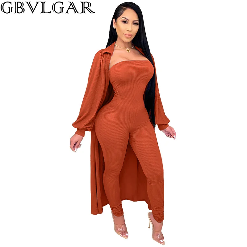 

2020 Women Winter Solid Long Cardigan Full Sleeves Strapless Skinny Jumpsuits Two Pieces Sets Female Ribbed Office Matching Set