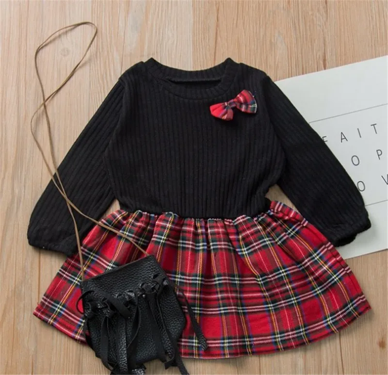 Girl's Dress Round Neck Long Sleeve Stitching Knitted Plaid Skirt for Vacation Holiday Party Photography | Детская одежда и