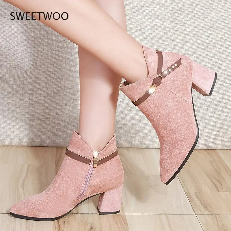 

Женские ботинки на высоком каблуке 6 см, ажурные ботильоны с квадратным каблуком, черные и розовые, осень и зима 2021